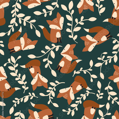 Cute baby woodland fox seamless pattern with cream colored vines