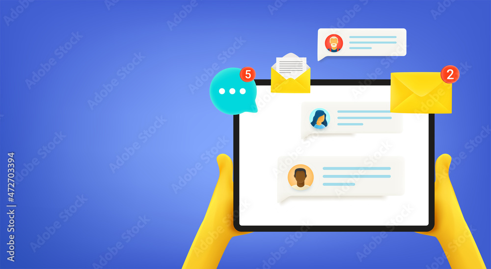 Person with gadget with messages. Vector banner with copy space Person with gadget with messages. Vector banner with copy space