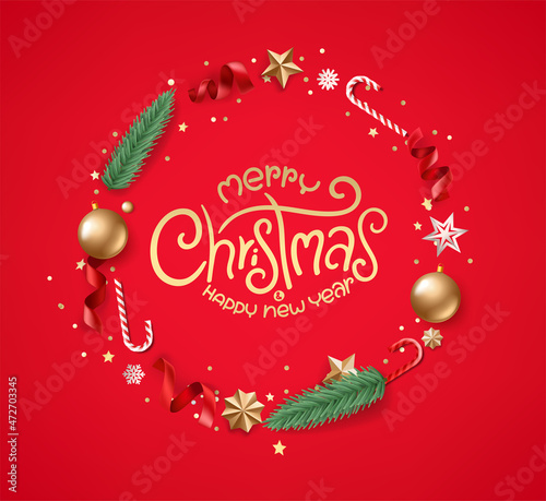 Christmas greeting card with wreath and lettering inscription