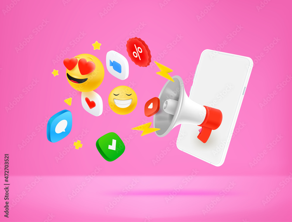 Online marketing via mobile phone concept. 3d style vector illustration Online marketing via mobile phone concept. 3d style vector illustration