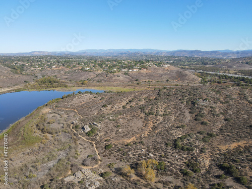 Aerial view of Lake Hodges and Bernardo Mountain, San Diego County, California, USA photo