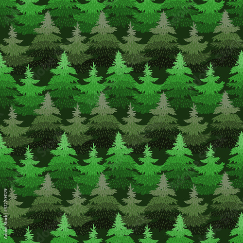 Seamless pattern of winter coniferous forest. Stylized light green and dark green fir trees on a dark background. Design for postcards, gift wrapping, fabric