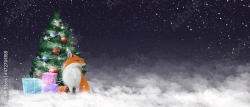Christmas banner with fox under tree, presents and snow, holiday watercolor style background
