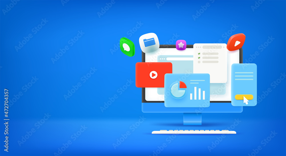 Working with computer. Vector banner with copy space Working with computer. Vector banner with copy space