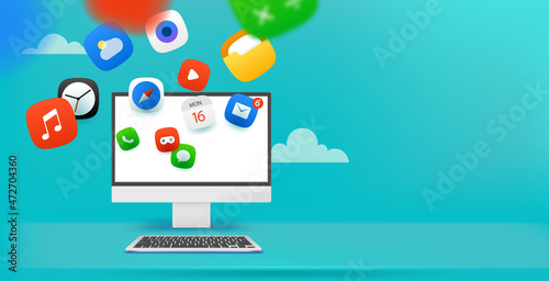 Using different internet applications on pc. Horizontal vector banner with copy space