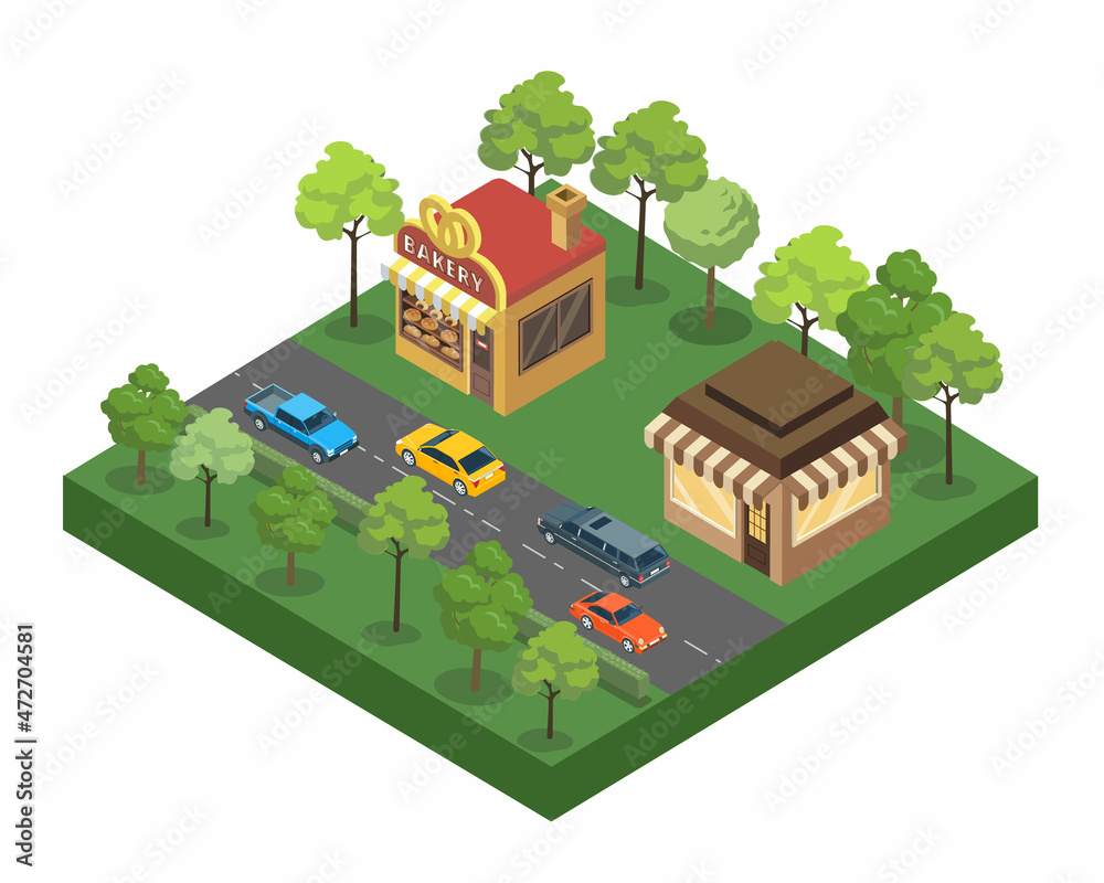 Isometric view of the city. Collection of houses 3D illustration 3d module block district part