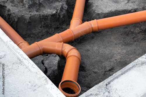 Prepared Drainage System from Plastic pipes made by plumber in the ground.