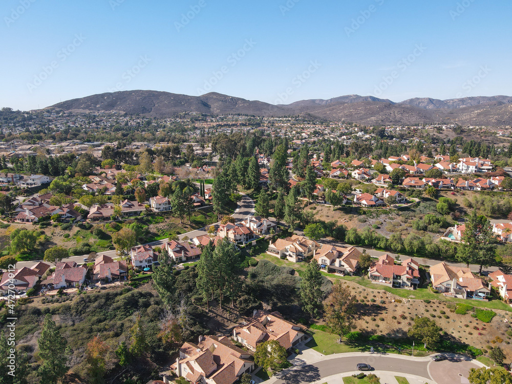 Aerial view of residential houses community in San Diego, South California, USA.