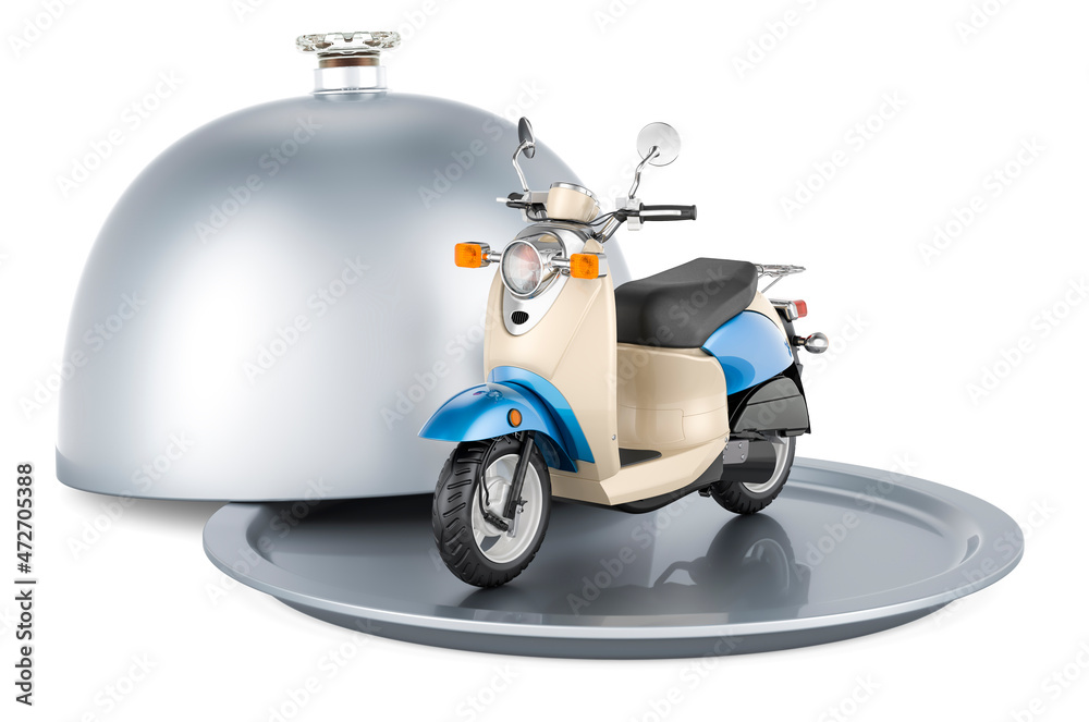Restaurant cloche with motor scooter, moped. 3D rendering