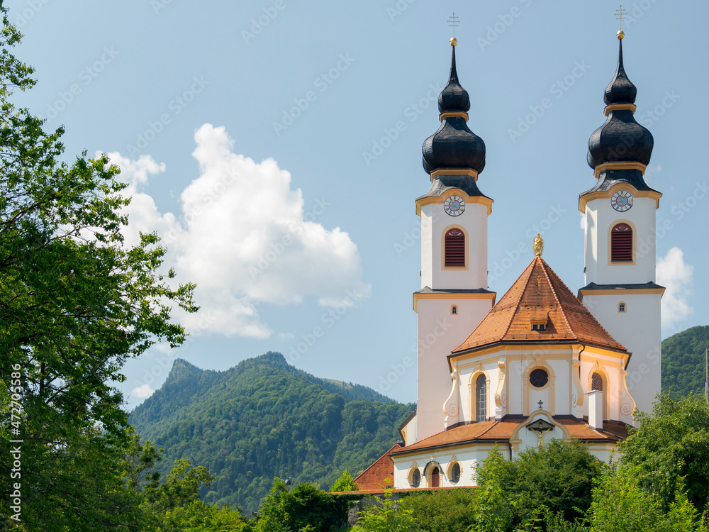 The church. Aschau in the Chiemgau in the Bavarian alps. Europe, Germany, Bavaria