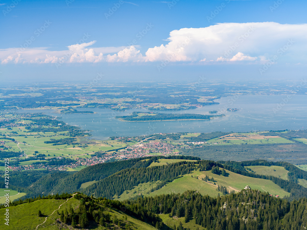 View towards lake Chiemsee and the foothills of the Alps near Rosenheim and Prien. Europe, Germany, Bavaria