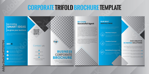 Modern trifold business brochure template, Tri-fold brochure design. Corporate business template for tri-fold flyer with rhombus square shapes. Corporate Tri-Fold Brochure Design Template. Blue, Black