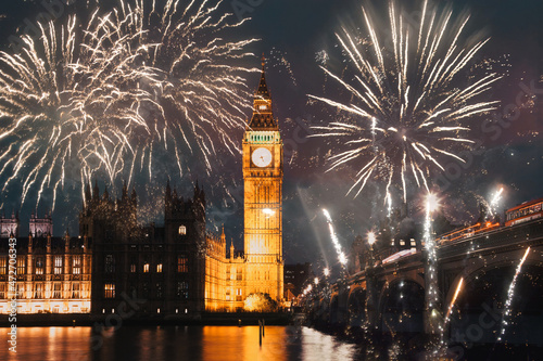 fireworks over Big Ben New Year celebrations in London, UK photo