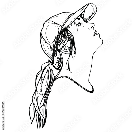 Female portrait. Raised up head in profile. Young Caucasian woman with ponytail in a baseball cap. Hand drawn linear doodle rough sketch. Black silhouette on white background.