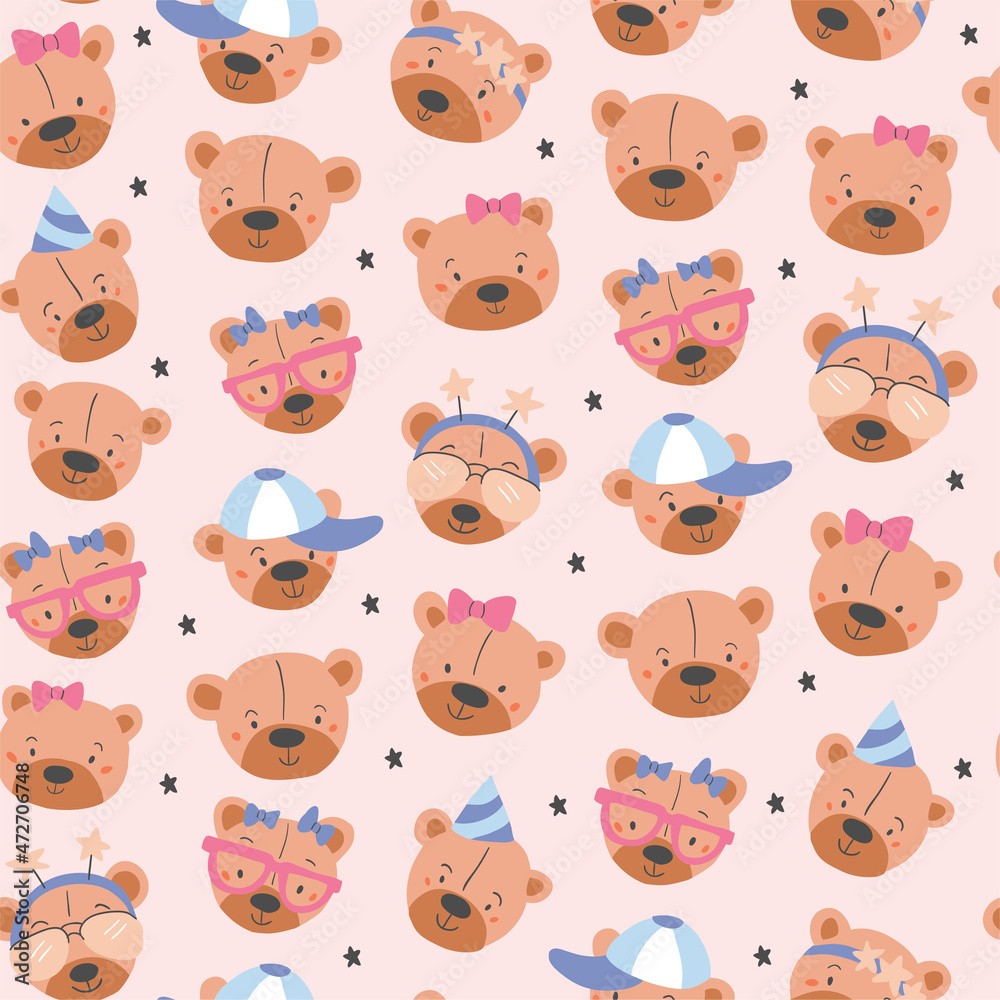 Colorful seamless pattern with bear face. Cute kids nordic print. Vector hand drawn illustration.