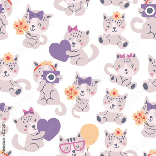 Seamless pattern with funny cats on a white background. Vector illustration. Creative kids hand drawn texture for fabric, wrapping, textile, wallpaper, apparel. Vector illustration