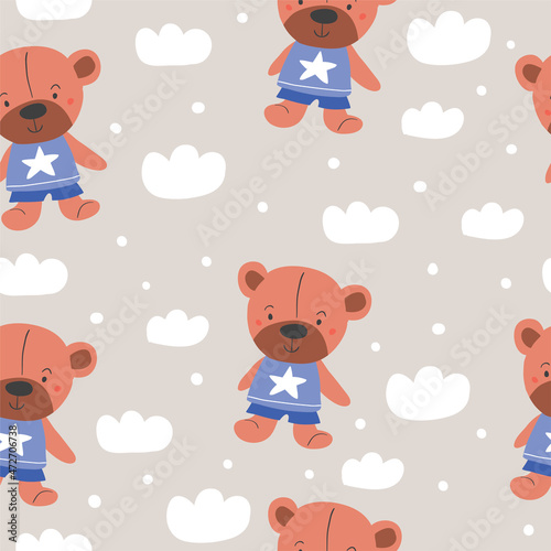 Seamless childish pattern with cute bears with clouds. Creative scandinavian style kids texture for fabric, wrapping, textile, wallpaper, apparel. Vector illustration
