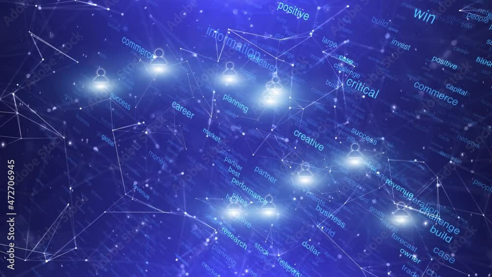 Business finance global word cloud animation with glowing people icons animation background. Business finance global word cloud animation with glowing people icons animation background.