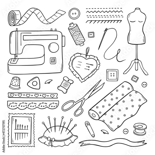 Set of sewing doodle. Craft supplies and tools: sewing machine, buttons, scissors, pin and thread spools. Hand drawn vector illustration isolated on white background.
