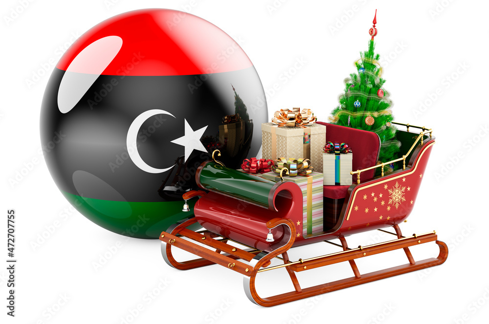 Christmas in Libya, concept. Christmas Santa sleigh full of gifts with Libyan flag. 3D rendering