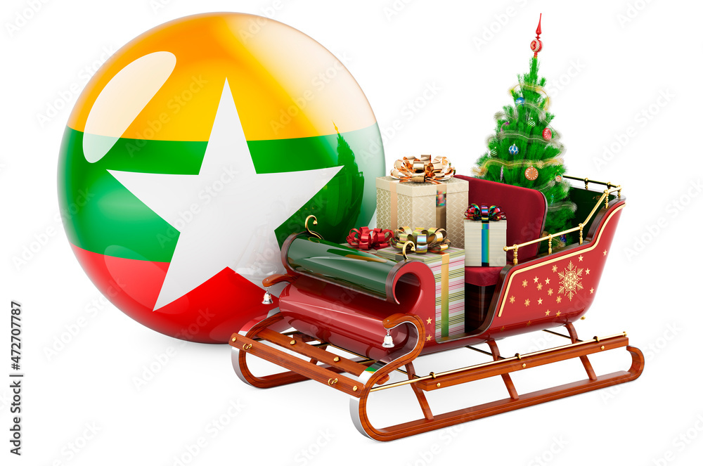 Christmas in Myanmar, concept. Christmas Santa sleigh full of gifts with Myanmar flag. 3D rendering