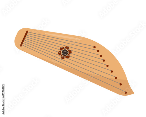 Oldest Russian Gusli. National russian and Ukrainian folk wooden stringed instrument gusli with nine strings isolated on white background. Vector icon illustration in flat or cartoon style.