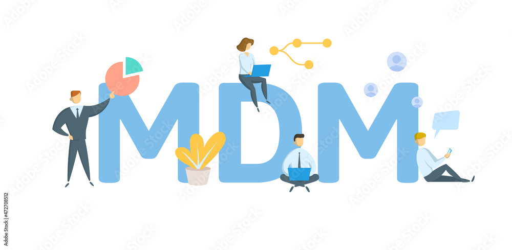MDM, Mobile Device Management. Concept with keyword, people and icons. Flat vector illustration. Isolated on white. MDM, Mobile Device Management. Concept with keyword, people and icons. Flat vector illustration. Isolated on white.