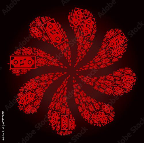 Bloody concert ticket icon rotation burst turbine fireworks composition on red dark gradient background. Rotation cyclone created from red scattered concert ticket items.