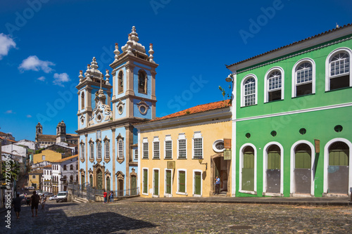 Salvador, Bahia, Brazil, November 2020 - view of some beautiful old houses at the Pelourinho and the Church Our Lady of Rosário dos Preto (igreja de Nossa Senhora do Rosário dos Pretos) photo