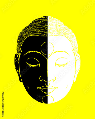 illustration of a Gautama Buddha head on a yellow background