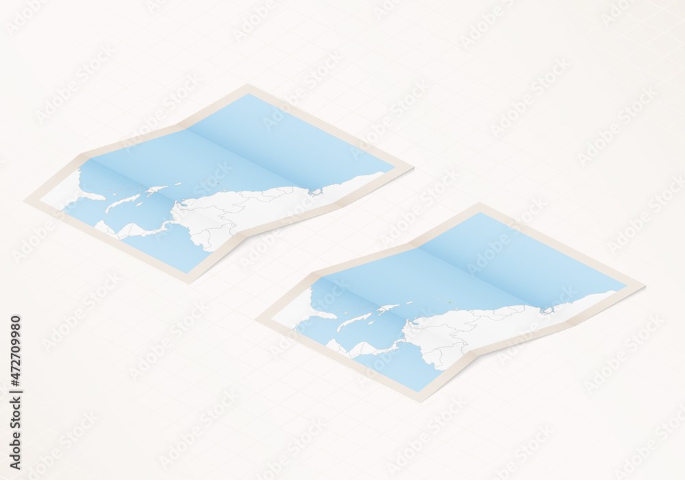 Two versions of a folded map of Saint Vincent and the Grenadines with the flag of the country of Saint Vincent and the Grenadines and with the red color highlighted. Two versions of a folded map of Saint Vincent and the Grenadines with the flag of the country of Saint Vincent and the Grenadines and with the red color highlighted.