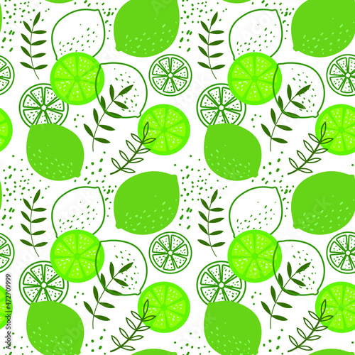 Vector abstract pattern with limes, lime slices  and lime flowers. Green background.