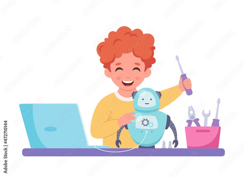 Little boy creating a robot. Robotics, programming and engineering for kids. Vector illustration Little boy creating a robot. Robotics, programming and engineering for kids. Vector illustration