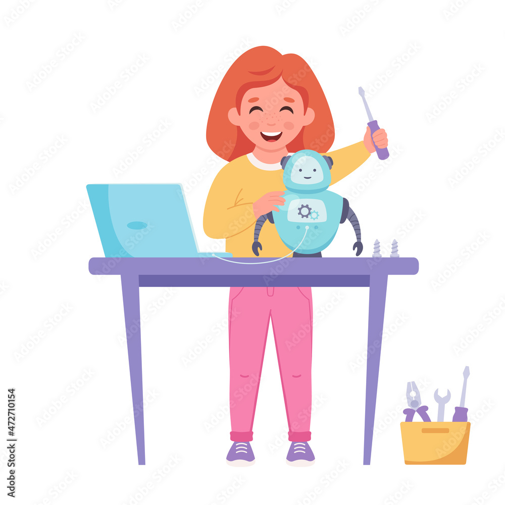 Little girl building a robot. Robotics, programming and engineering for kids. Vector illustration Little girl building a robot. Robotics, programming and engineering for kids. Vector illustration