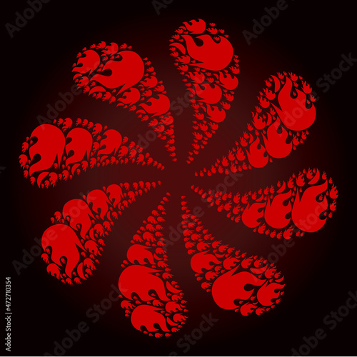 Red fire flame icon exploding burst turbine fireworks shape on red dark gradient background. Turbine twist done from bloody scattered fire flame items.