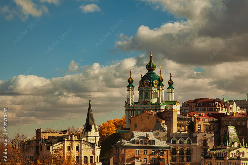 Panoramic view of the church on the city against the blue sky Panoramic view of the church on the city against the blue sky