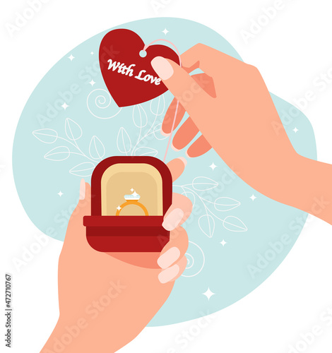 Female hands hold a box with a ring and a card in the form of a heart. Flat vector illustration.