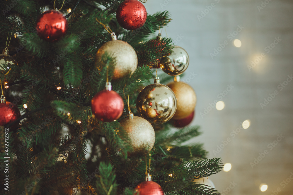 Christmas background. Christmas tree with toys and garlands.