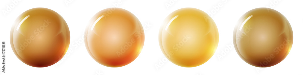Set with glass golden balls. Glossy realistic ball, 3D abstract vector illustration highlighted on a white background. Big metal bubble with shadow