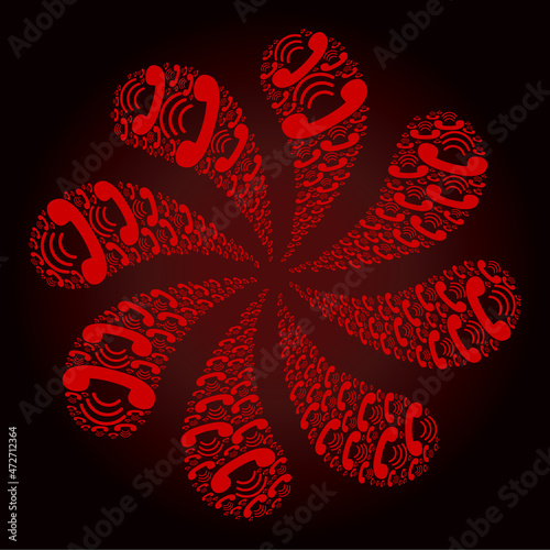 Red phone call icon explosion burst flower fireworks shape on red dark gradient background. Flower cyclone done from red scattered phone call items.