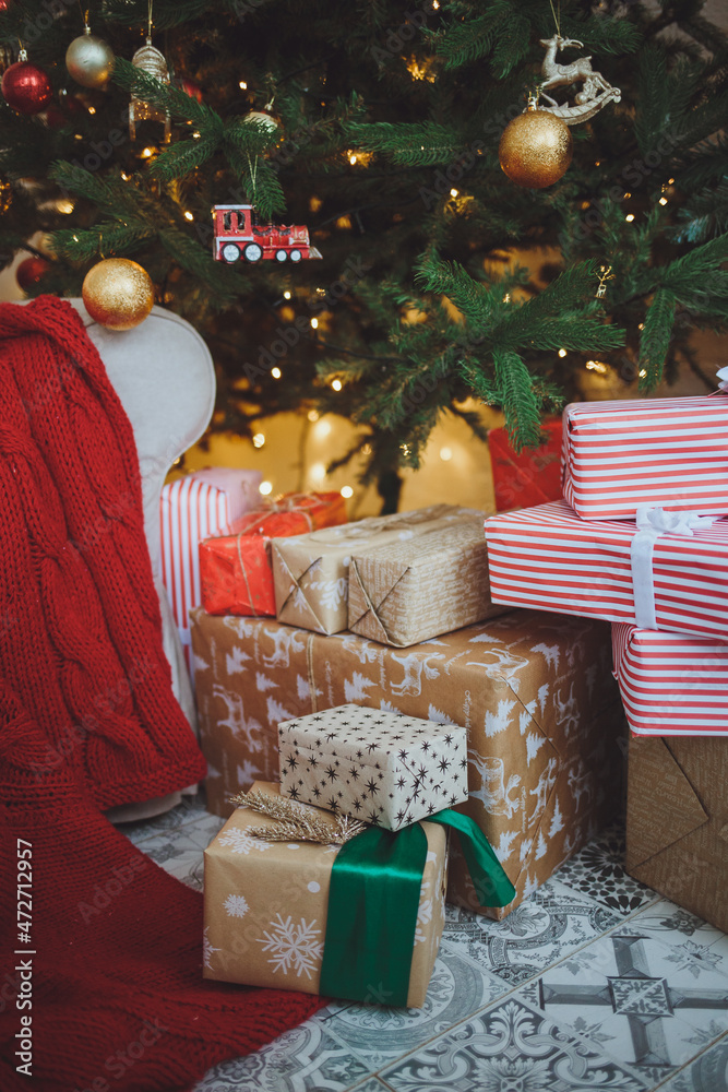 Christmas background. Gift boxes under the Christmas tree