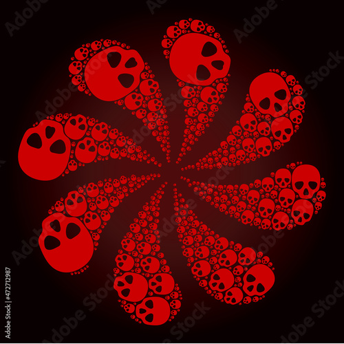 Bloody skull icon twirl bang petals fireworks shape on red dark gradient background. Turbine twirl created from bloody scattered skull symbols.