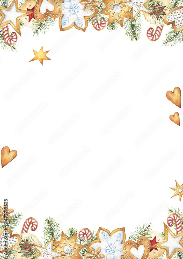 Christmas and New Year themed festive card design with watercolor gingerbread clipart borders and elements, including star, heart, round and snowflake shaped biscuit illustrations on white background Christmas and New Year themed festive card design with watercolor gingerbread clipart borders and elements, including star, heart, round and snowflake shaped biscuit illustrations on white background