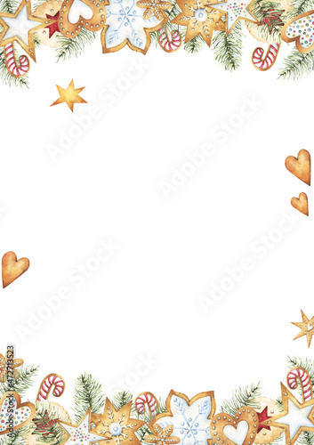 Christmas and New Year themed festive card design with watercolor gingerbread clipart borders and elements, including star, heart, round and snowflake shaped biscuit illustrations on white background