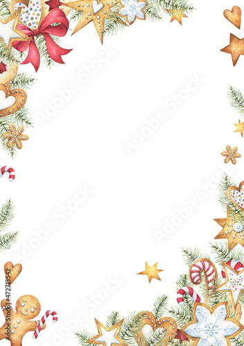 Premade Christmas holidays greeting card template, rectangular frame with watercolor gingerbread cookies in a shape of hearts, stars, snowflakes, pine branches, red bow and New Year sweet treats