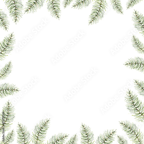 Watercolor pine branches  Christmas tree branches square card template with white background  winter clipart  fir tree branches border