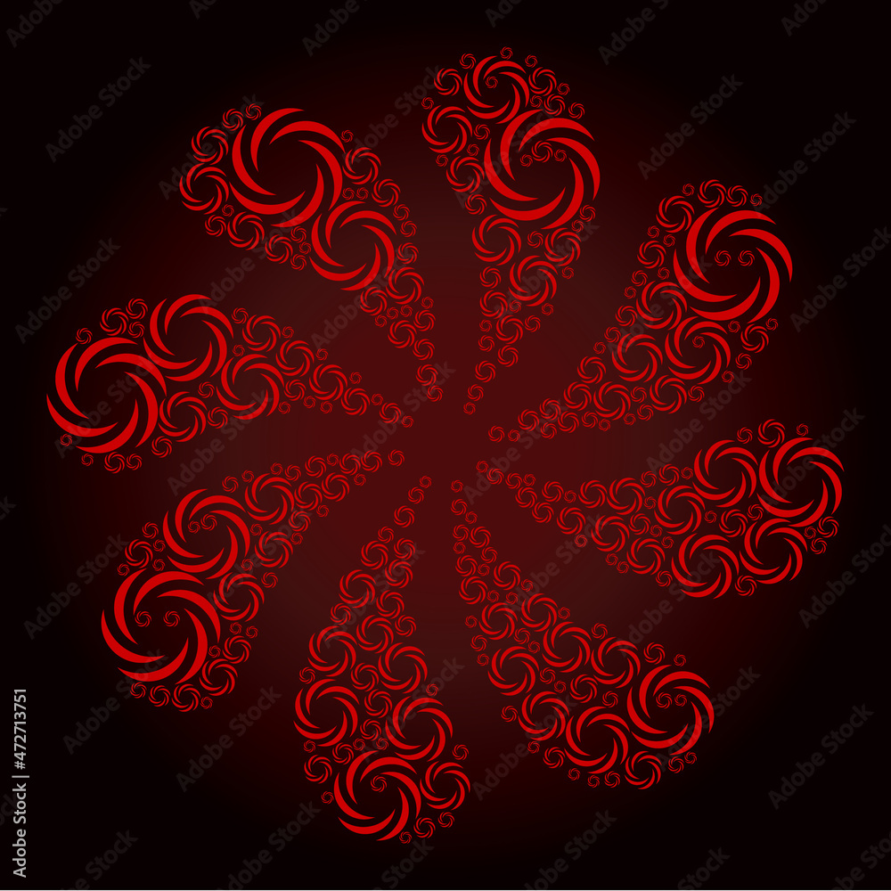 Red whirl rotation icon swirl twist petals fireworks composition on red dark gradient background. Rotation twist organized from red scattered whirl rotation icons. Red whirl rotation icon swirl twist petals fireworks composition on red dark gradient background. Rotation twist organized from red scattered whirl rotation icons.