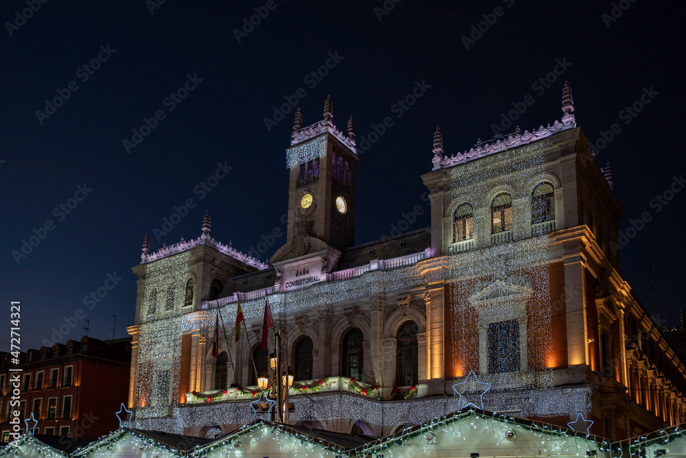Christmas decoration on the facade of the city hall of Valladolid, Spain