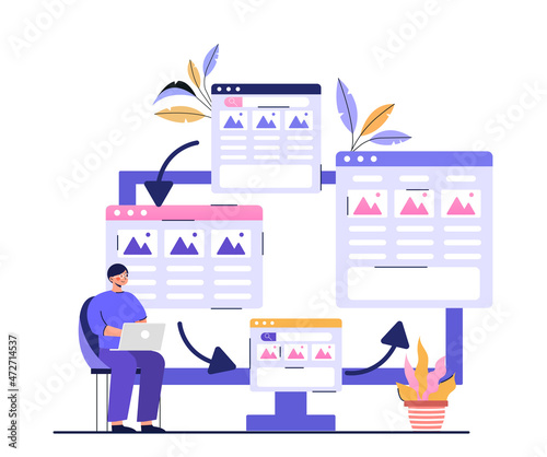 Concept of microsites. Man developing several page designs. Website decoration, graphic elements. Multiplatform, adaptability. Layout maker, designer, frontend. Cartoon flat vector illustration