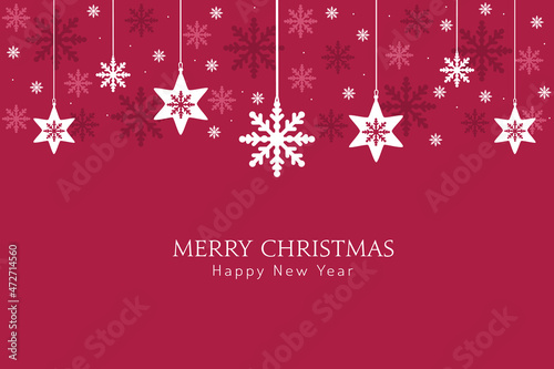Christmas greeting card, vector design of holiday xmas with hanging snowflakes on red vector background.